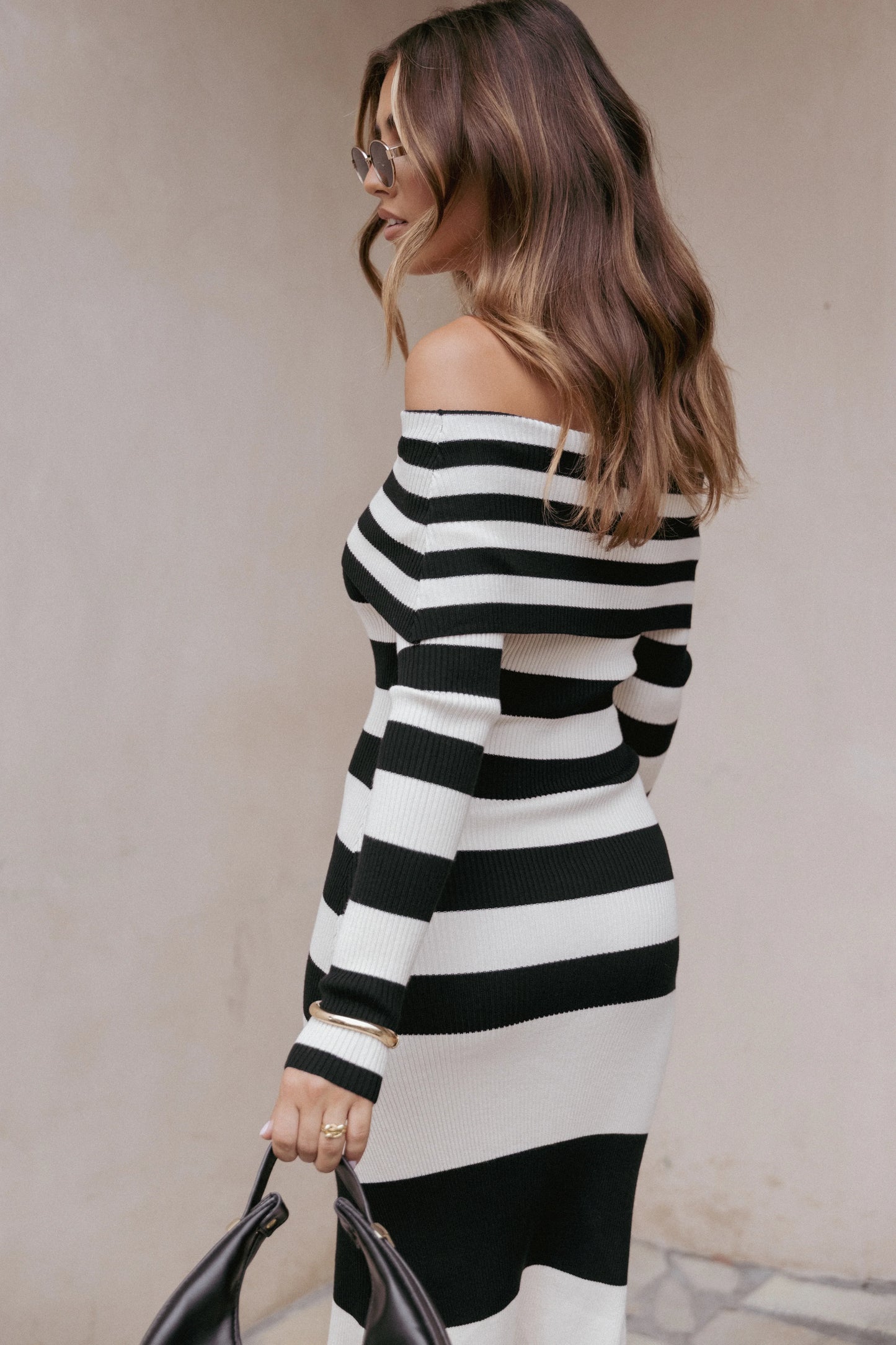 Banks Off Shoulder Knit Dress Black Cream Stripe