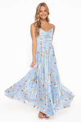 Naira Pleated Maxi Dress Cornflower Blue Floral