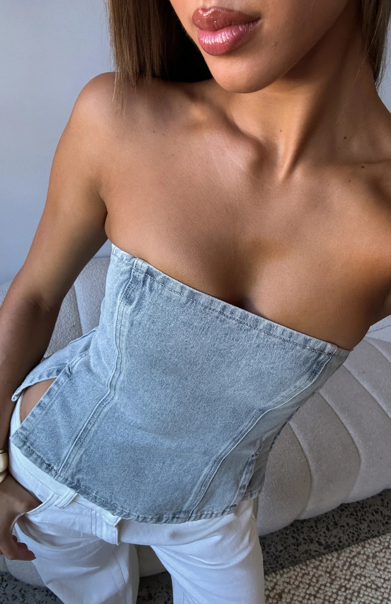 Not Listening Strapless Denim Top Light Blue