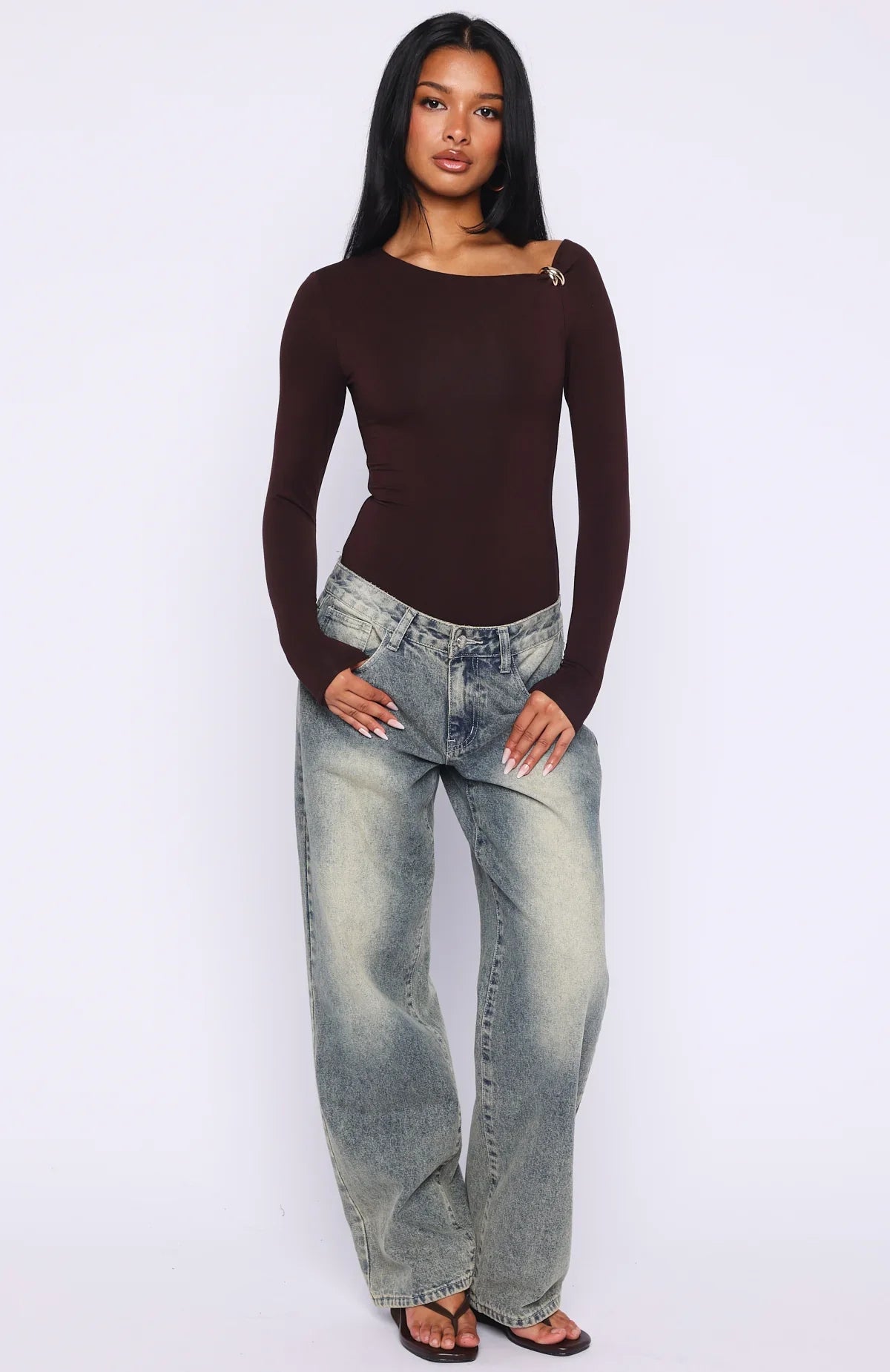 Double Down Long Sleeve Bodysuit Dark Chocolate