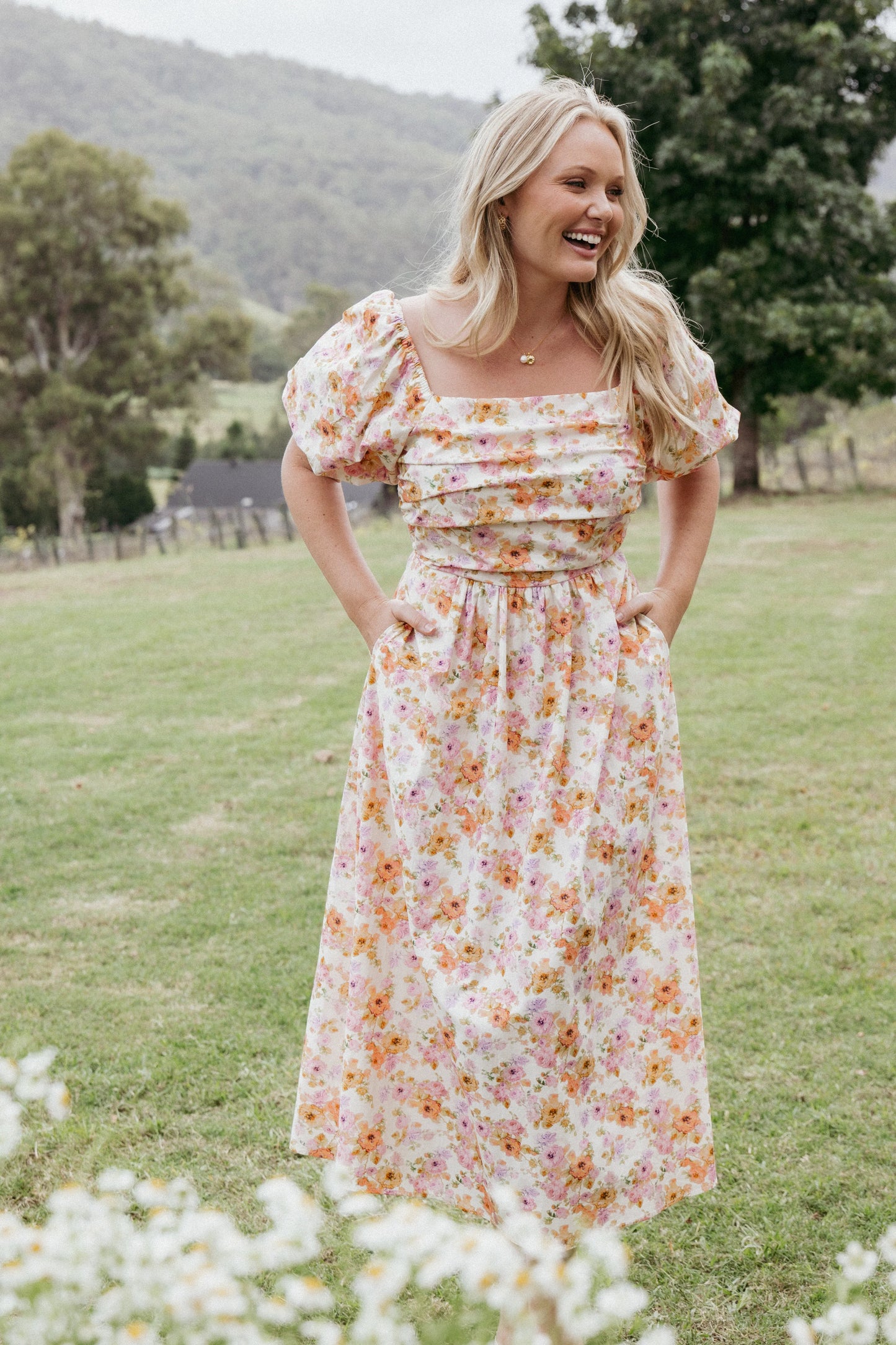 Clo Puff Sleeve Midi Dress Peach Floral