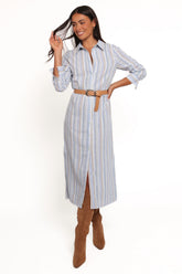 Caprice Long Sleeve Button Down Maxi Dress Blue Stripe