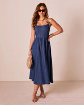 Tide To Me Bow Strap Midi Chambray Dress