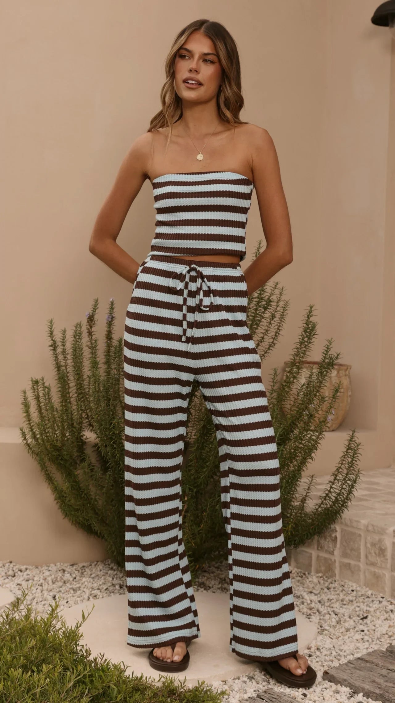 Milla Strapless Top Pants Set Brown Blue Stripe