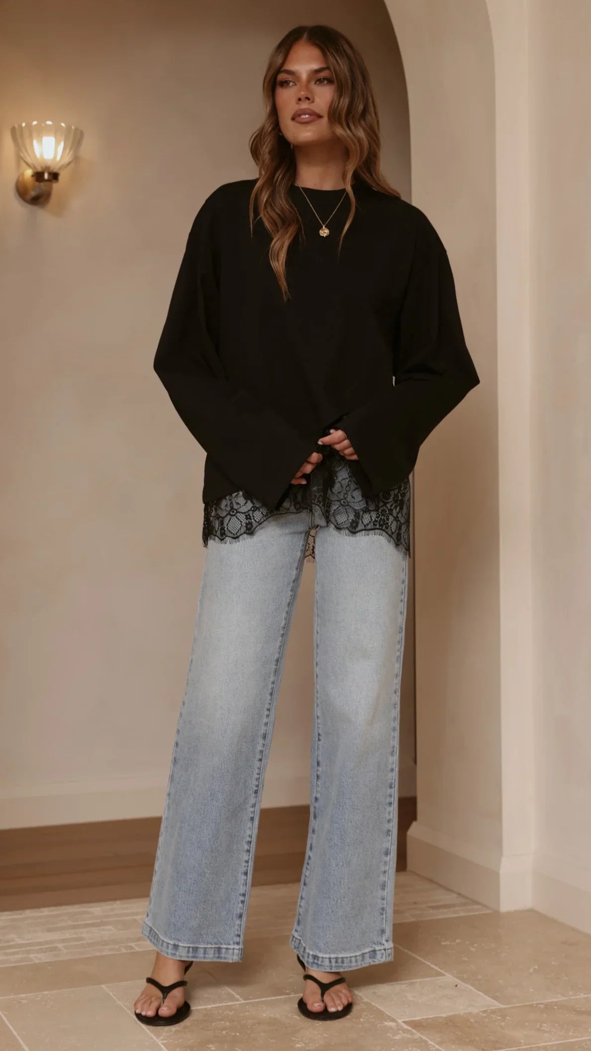 Javi Long Sleeve Lace Top Black