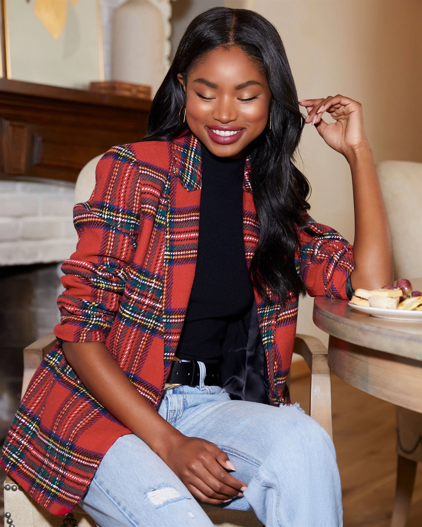 Eve Pocketed Plaid Blazer