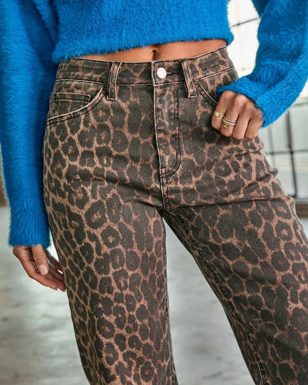 Yaron Stretch High Rise Straight Leg Leopard Print Jeans