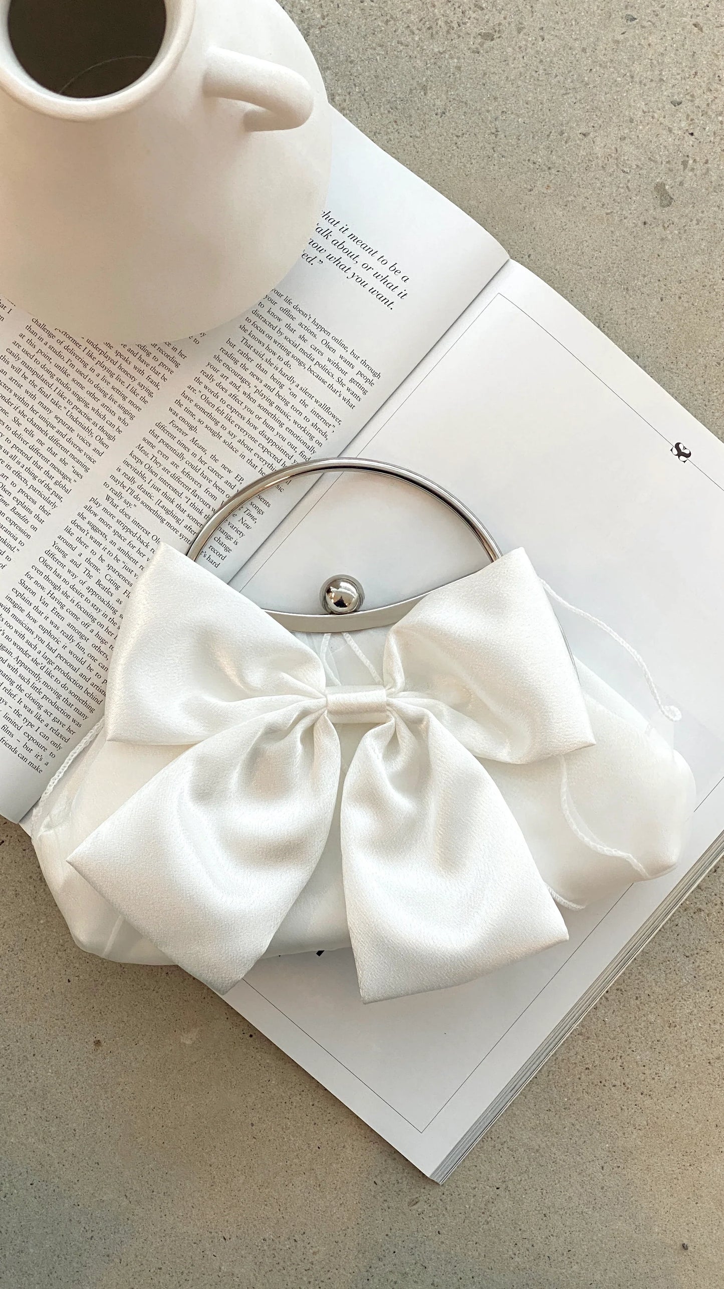 Satin Bow Clutch White