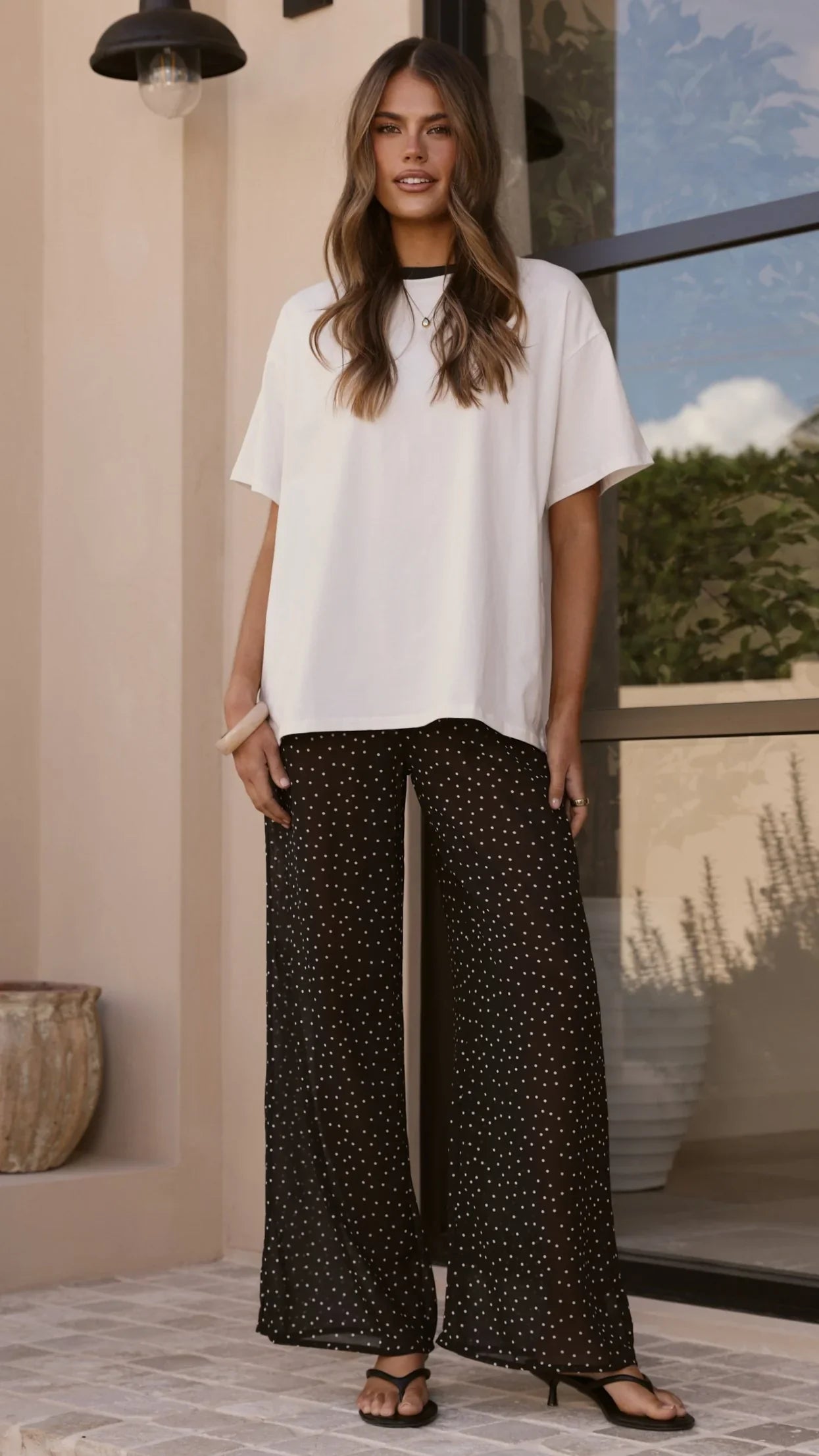 Zavier Oversized T Shirt and Polka Dot Pants Set White Black