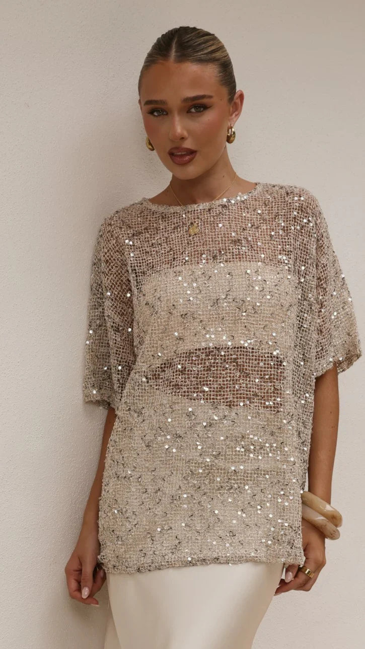 Zinnia Oversized Sequins Tee Beige