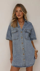 Maliha Button Up Mini Dress Light Denim