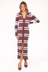 Eliana Long Sleeve Midi Dress Brown Blue Stripe