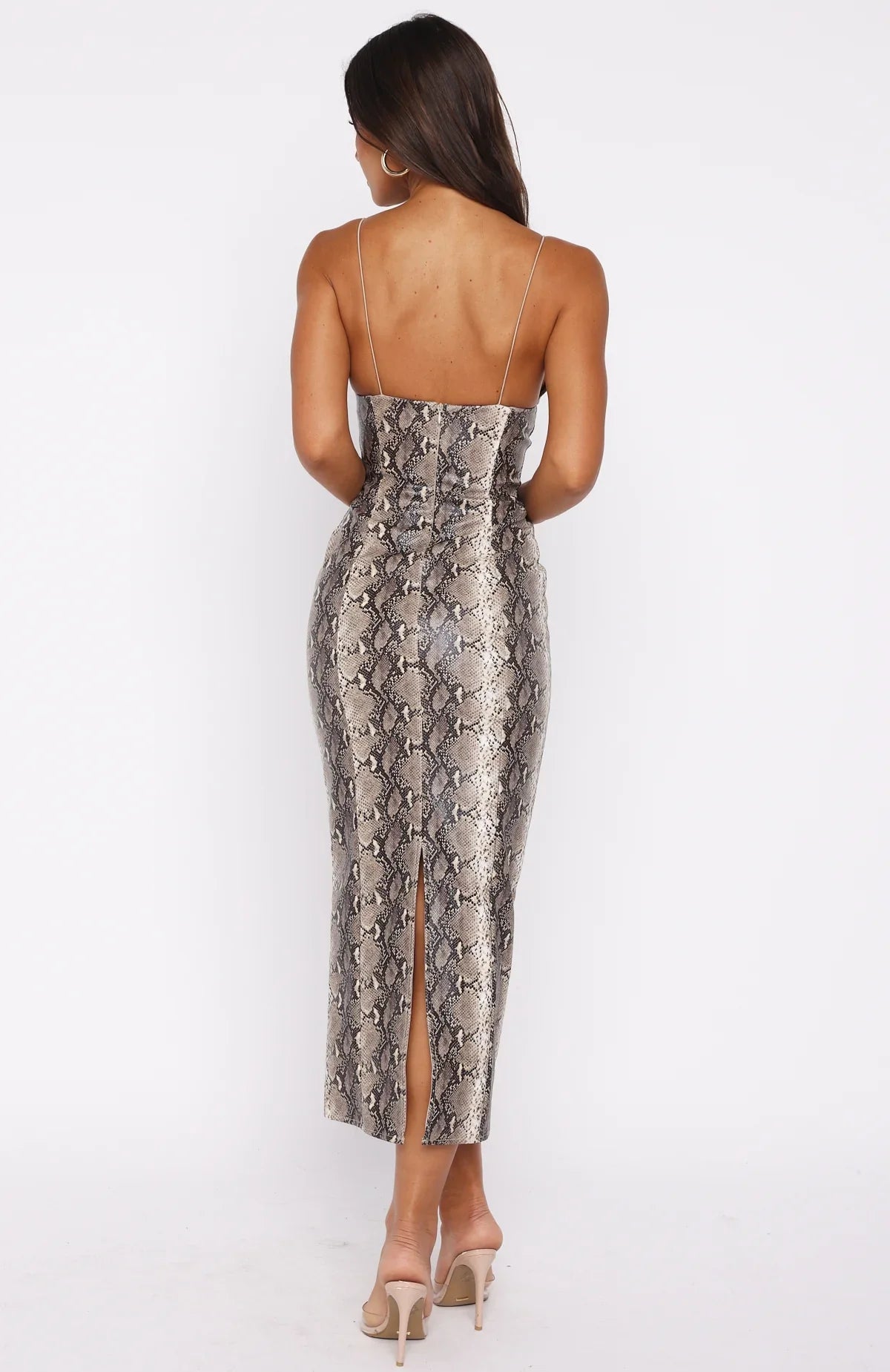 Shes A Queen PU Midi Dress Tan Snake