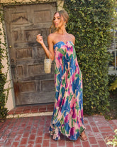 Adrenia Pleated Floral Print Satin Maxi Dress