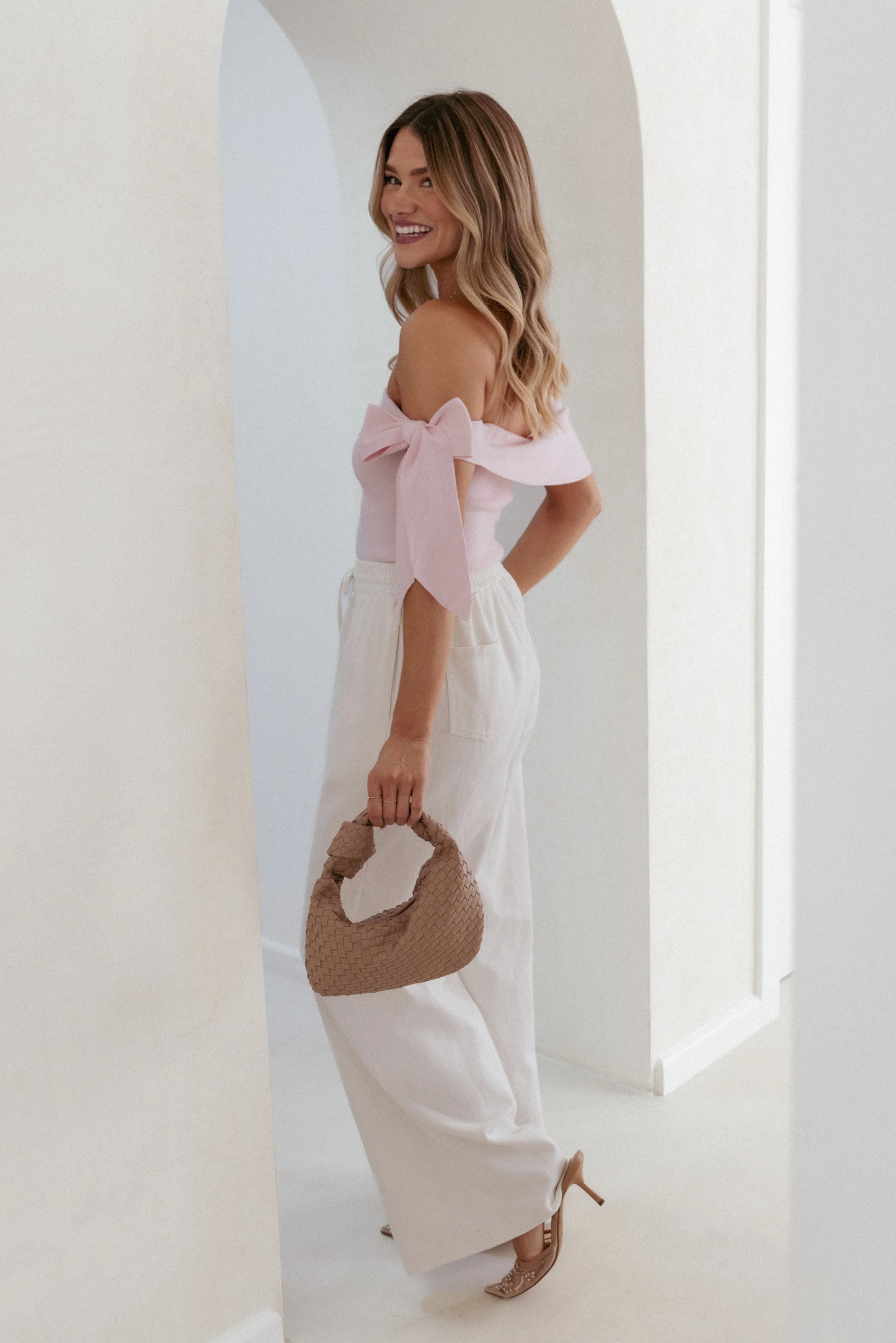 Charama Off Shoulder Knit Top Pink
