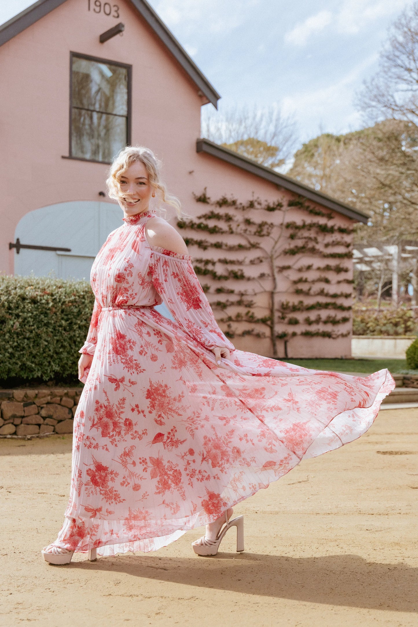 Hilary Pleated Maxi Dress Red Floral