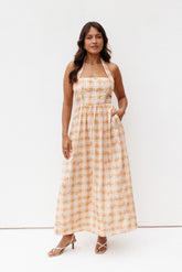 Gemini Halterneck Maxi Dress Yellow Floral Gingham