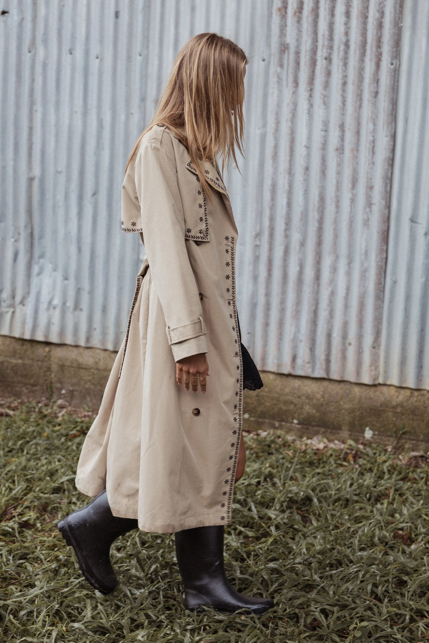 Grayson Embroidered Trim Trench Coat Taupe
