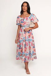Clo Puff Sleeve Midi Dress Pink Blue