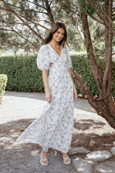 Jemima Puff Shoulder Maxi Dress Blue Floral