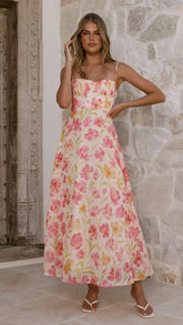 Rahima Maxi Dress Pink Yellow Flower