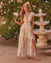 Soleil Printed Cutout Ruffle Maxi Dress
