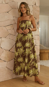 Marcel Maxi Dress Brown Green Palm