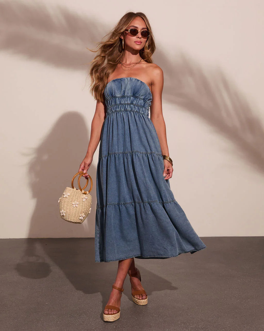 Jaclyne Strapless Tiered Chambray Maxi Dress