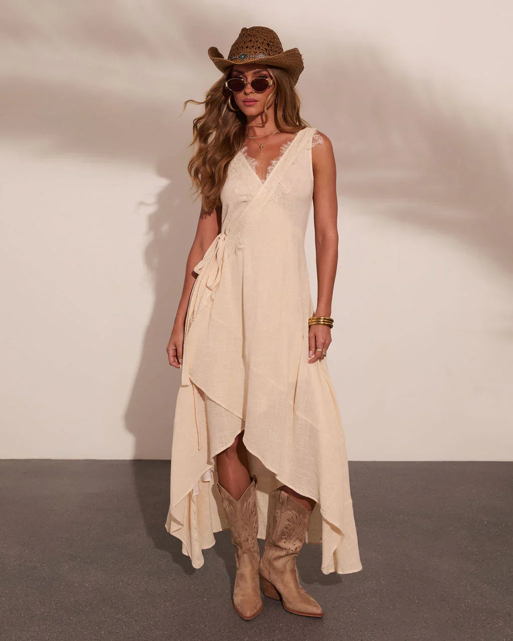Sunset Voltage Wrap Tie Asymmetric Tunic Top
