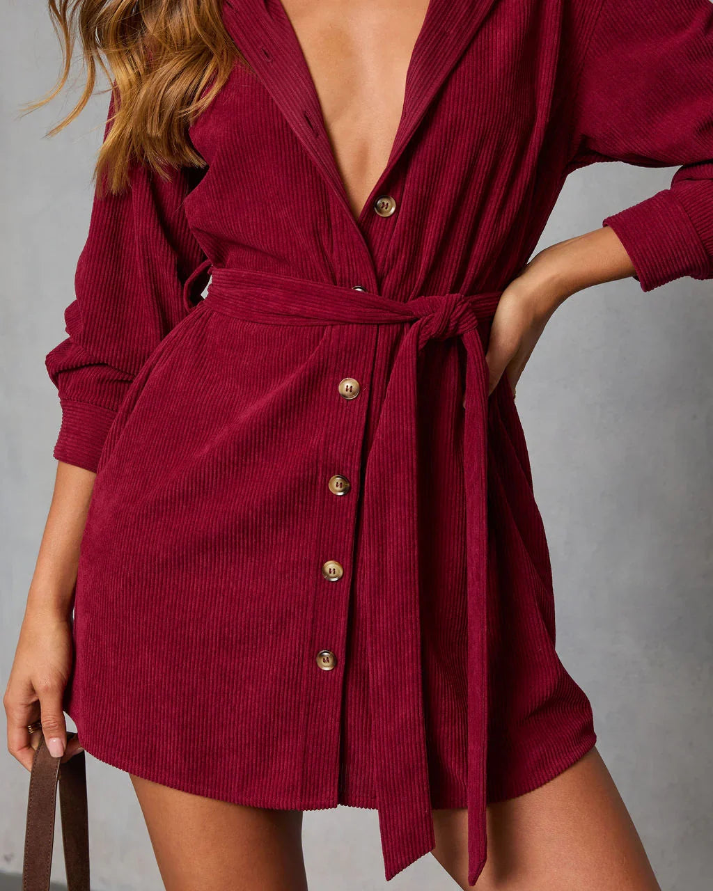 Sherna Corduroy Front Tie Mini Dress