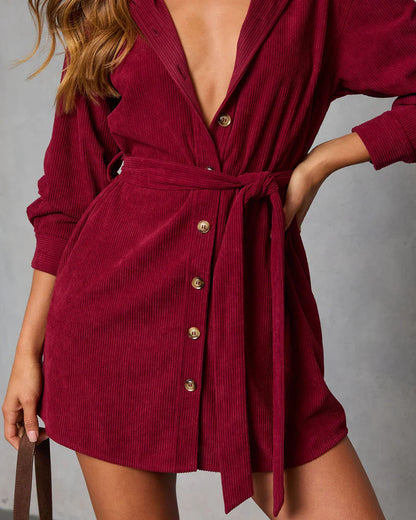 Sherna Corduroy Front Tie Mini Dress