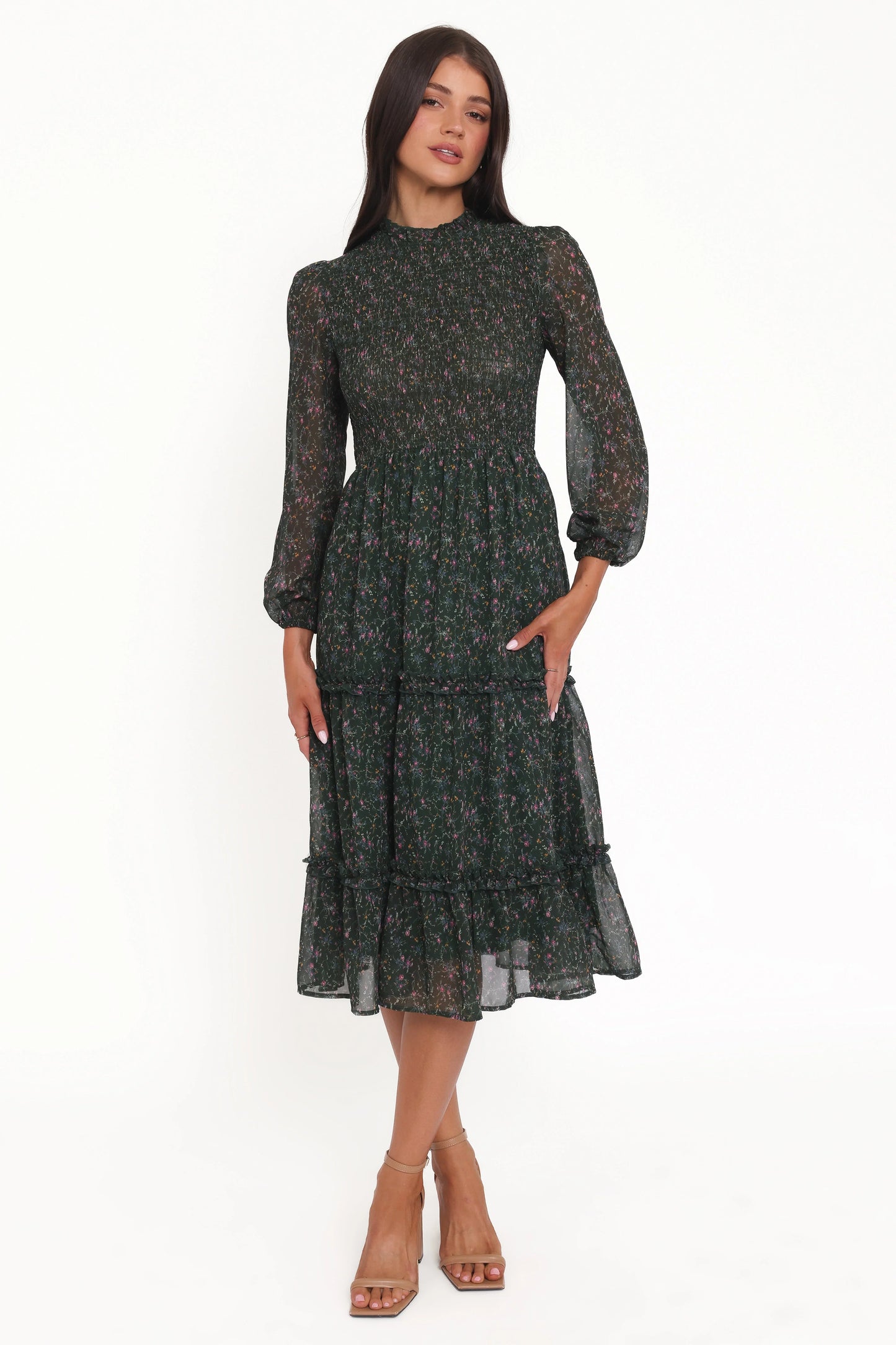 Edwina Shirred Frill Long Sleeve Midi Dress Olive Floral