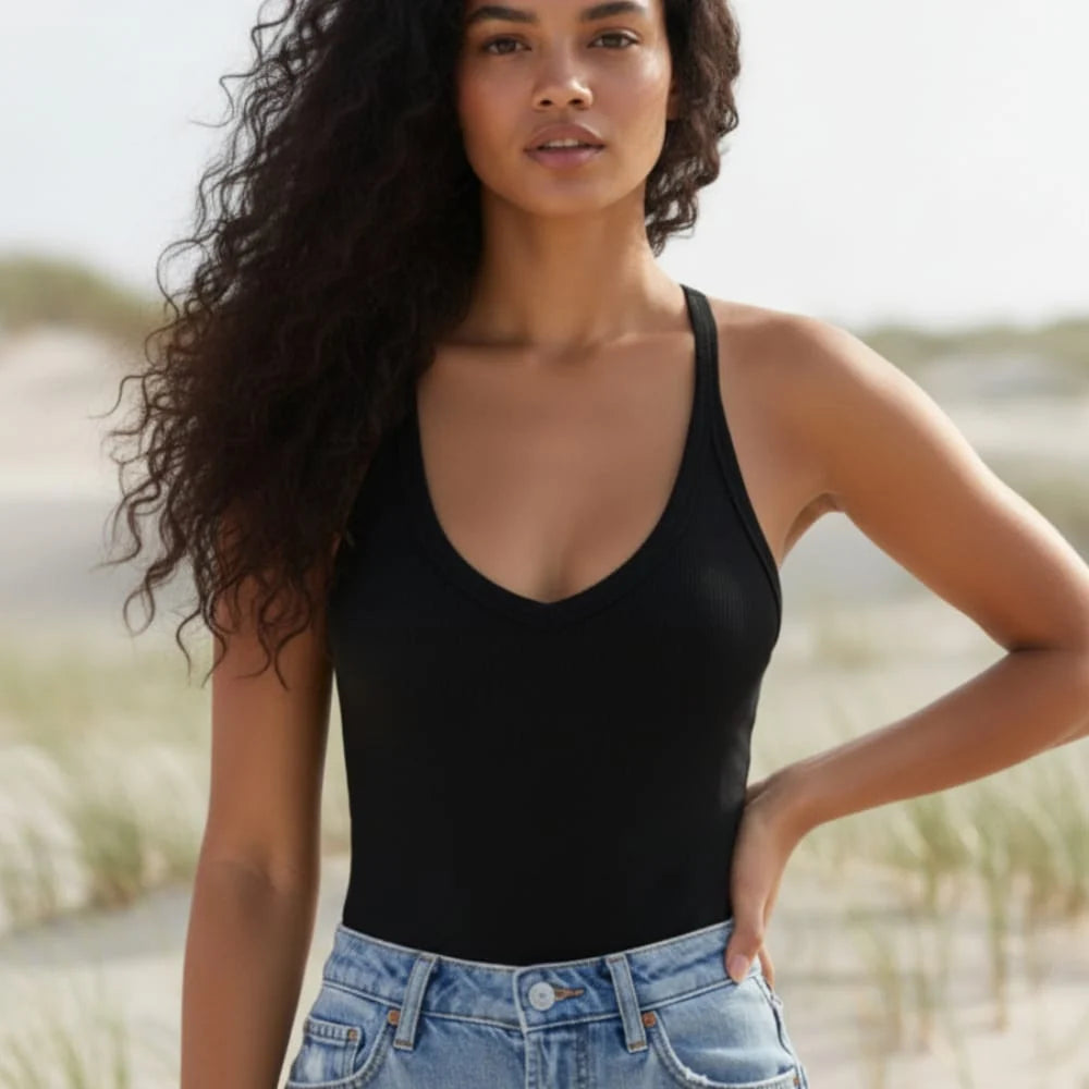 Ribbed V Neck Racerback Tank Top