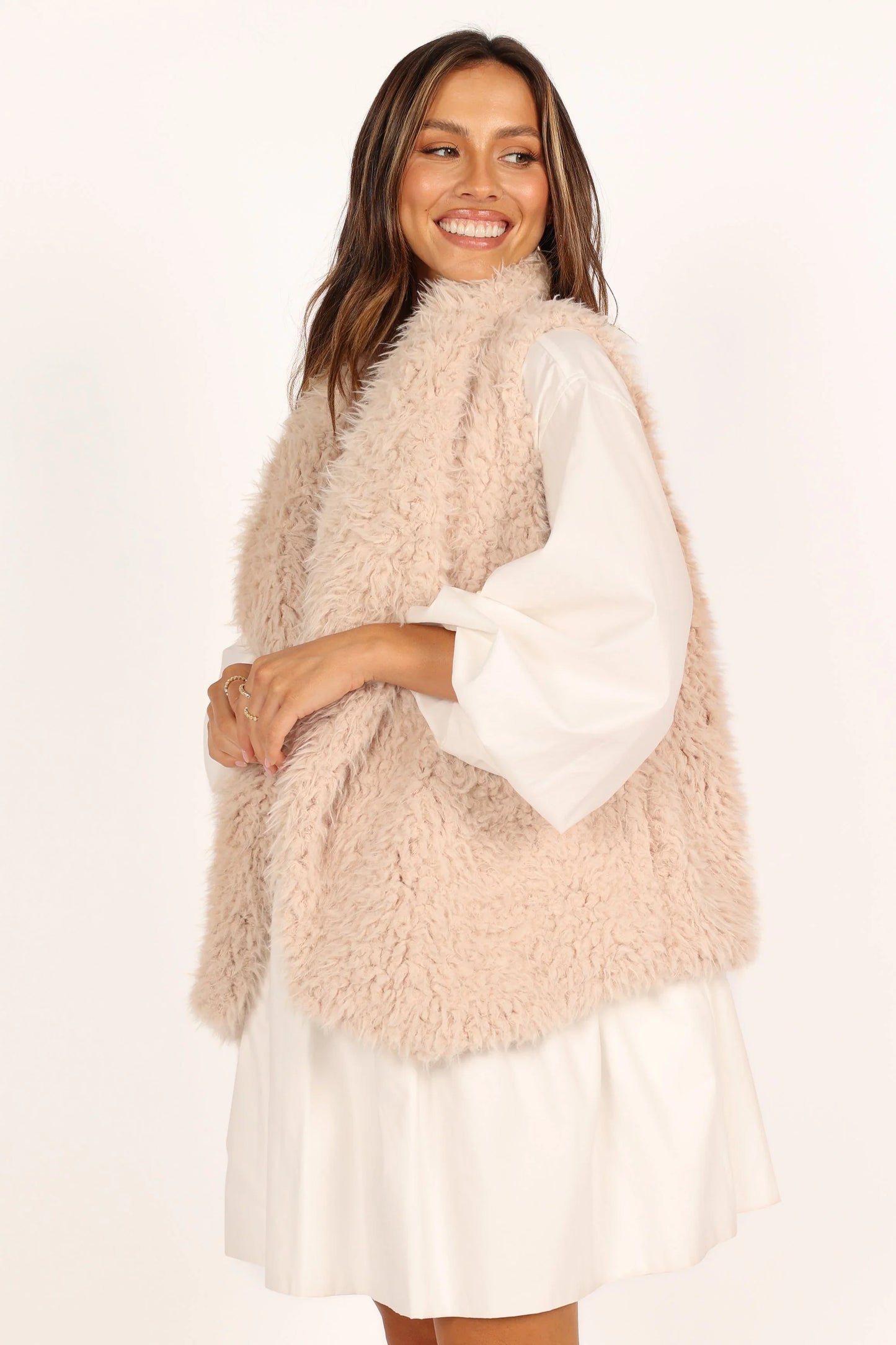Chelsea Faux Fur Open Front Vest Eggshell