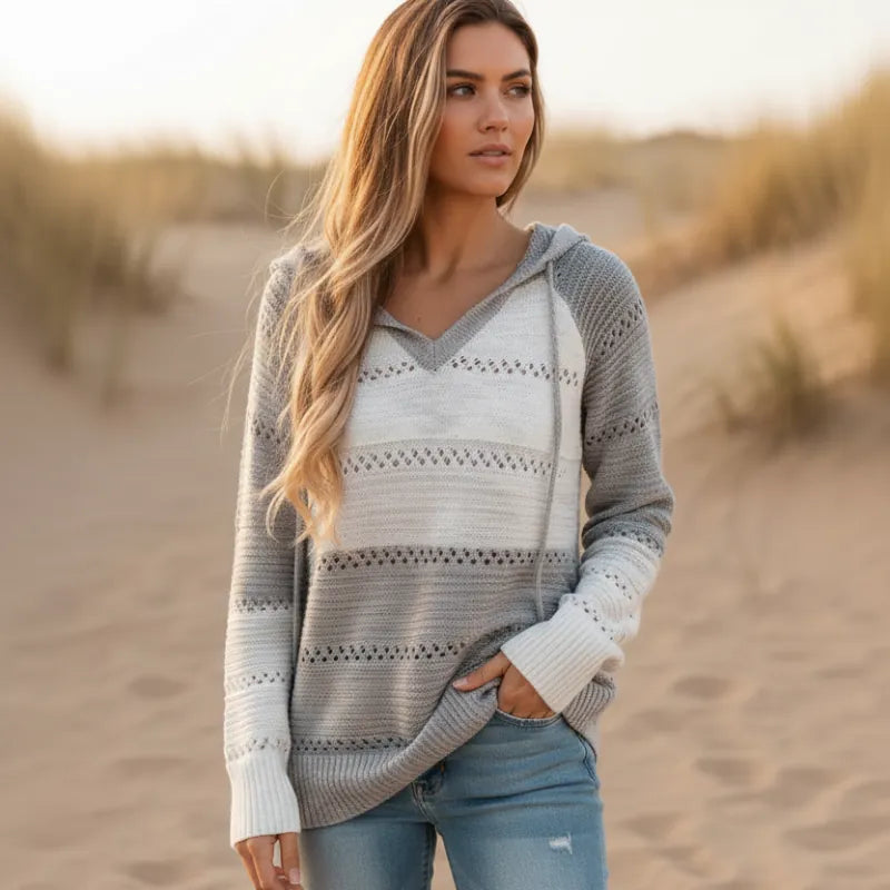 Boho Striped Hooded Knit Pullover Sweater