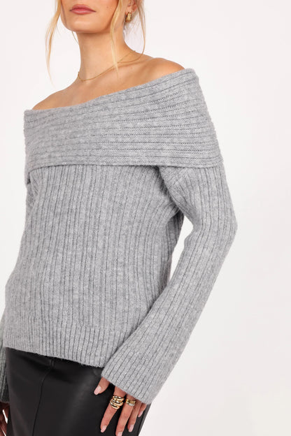 Kenny Off Shoulder Knit Sweater Grey