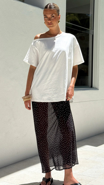Elena Top and Maxi Skirt Set White Black Polka