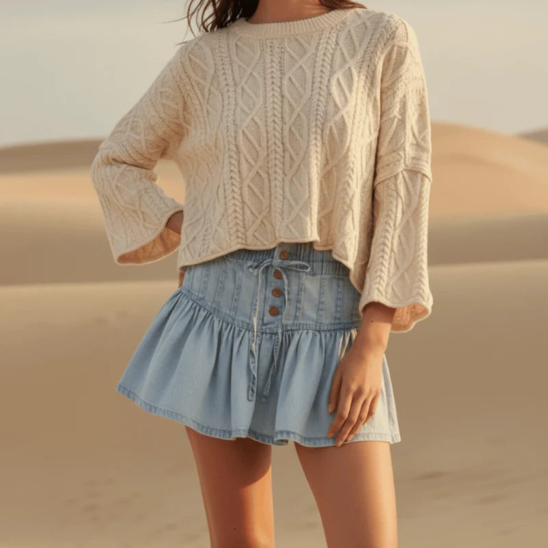 Retro Pleated Denim Mini Skirt