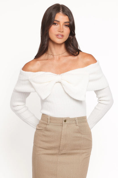 Helene Bow Off Shoulder Knit Sweater Ivory