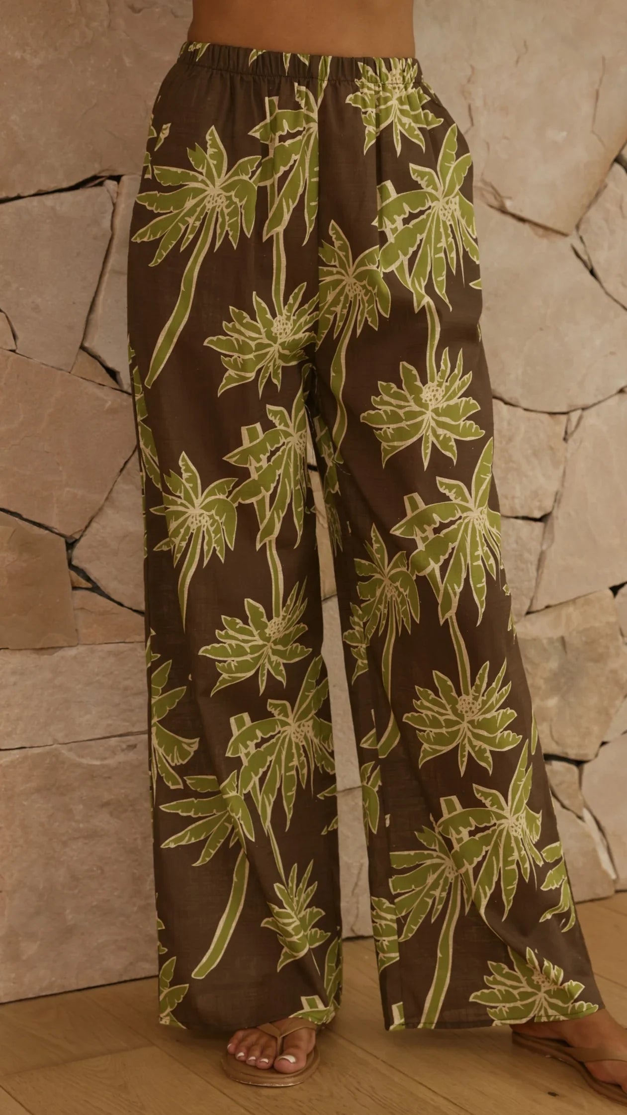 Kailani Strapless Top and Pants Set Brown Green Palm
