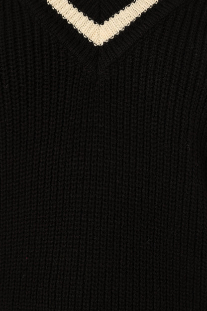 Dominique Contrast Vneck Knit Sweater Black Cream