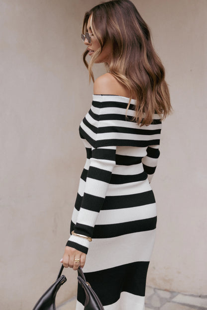 Banks Off Shoulder Knit Dress Black Cream Stripe