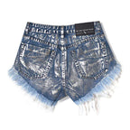 High Waist Distressed Denim Shorts with Rivets