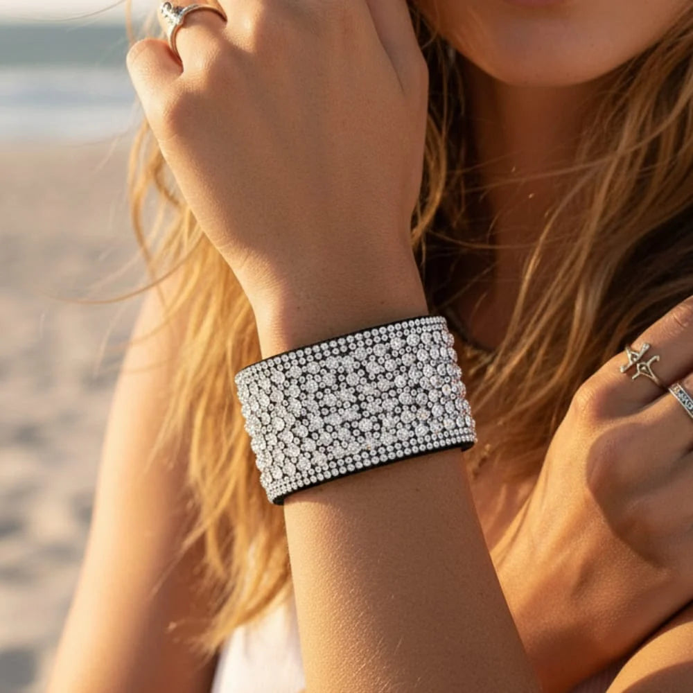 Leather Rhinestone Wide Band Bracelet