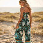 Turquoise Boho Crop Top Wide Leg Pants Set