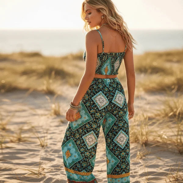 Turquoise Boho Crop Top Wide Leg Pants Set