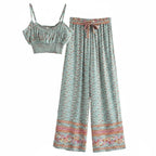 Dusty Teal Boho Floral Crop Top Wide Leg Pants Set