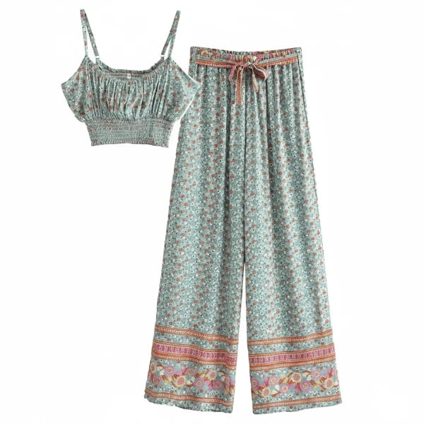 Dusty Teal Boho Floral Crop Top Wide Leg Pants Set