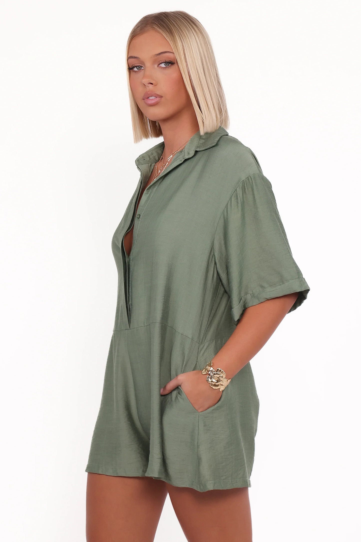 Kiya Drop Waist Romper Palm Green