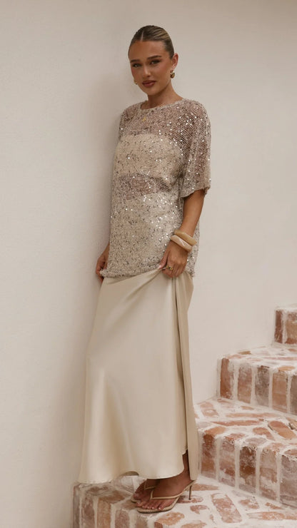 Zinnia Oversized Sequins Tee Beige